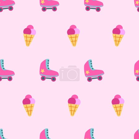 Illustration for Barbiecore hot pink toy roller skates and icecream vector seamless pattern. Barbie doll themed colorful wallpaper background - Royalty Free Image