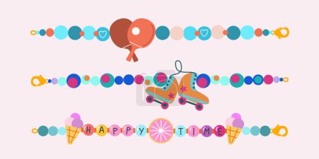 Illustration for Abstract vector plastic beads colorful kids bracelets illustration set. Happy time love summer and friendship old school 90s cartoon style wristbands collection with icecream and bunnies. Isolated - Royalty Free Image