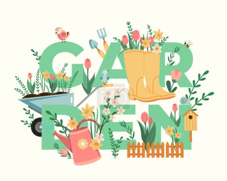 Gardening typography vector illustration. Garden title with plants, flowers, birds and garden tools seasonal flat style poster template. Outdoor hobby t-shirt print. Isolated
