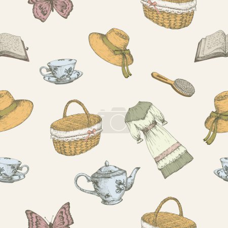 Illustration for Cottagecore style items seamless vector pattern. Hand Drawn Colorful Vector Illustrations Background. Countryside Recreation and Picnic Doodle goods wallpaper. Isolated - Royalty Free Image