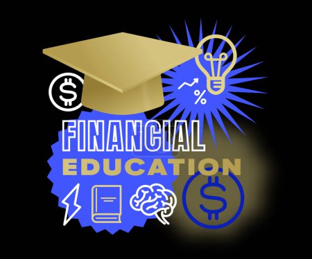 Illustration for Financial education vector illustration. Investment literacy creative concept banner. Finance and money knowledge graduation cap 3D render style with outline coins, book, brain icons. Isolated - Royalty Free Image