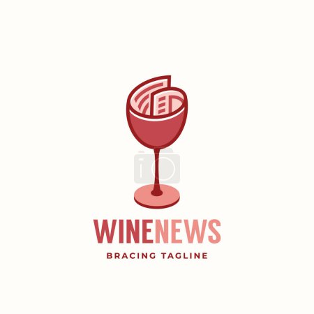 Illustration for Wine News Abstract Vector Sign Emblem Logo Template. Newspaper roll incorporated into wine glass Concept with Modern Typography. Isolated - Royalty Free Image