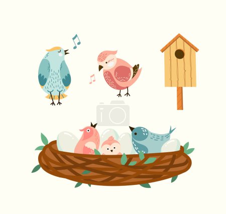 Illustration for Birds illustrations set. Vector singing birds in the nest with eggs and chick, birdhouse seasonal flat style collection. Isolated - Royalty Free Image