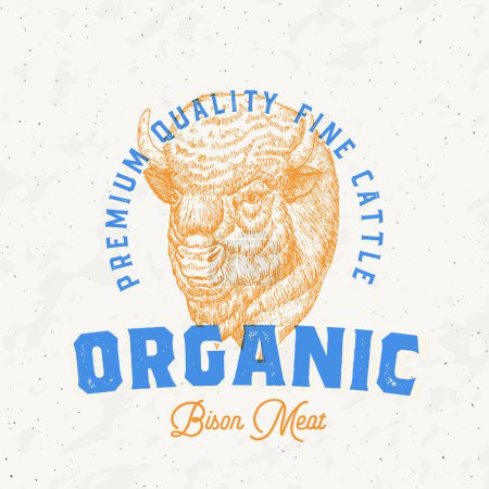 Photo for Risograph Style Bison Meat Farm Retro Badge Logo Template. Hand Drawn Buffalo Cattle Face Sketch with Retro Typography. Vintage Steaks Sketch Emblem Print. Isolated - Royalty Free Image