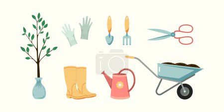 Garden ware flat style vector illustrations set. Gardening equipment and products including tools, garden shoes, wheelbarrow and seedlings collection. Isolated
