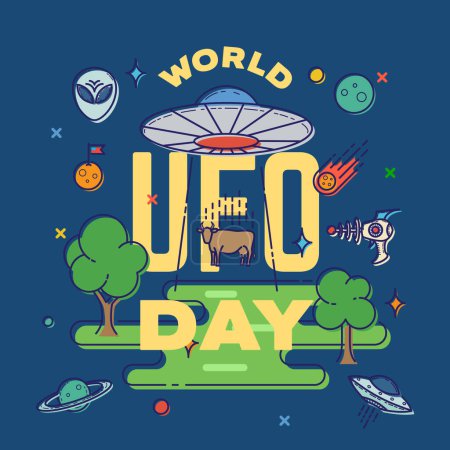 Photo for World UFO Day Abstract Vector Greeting Card Label Template. Alien Spaceship Cow Abduction Flat Graphics Illustration with Aliens Face, Blaster Gun, Planets and other Elements. Isolated - Royalty Free Image