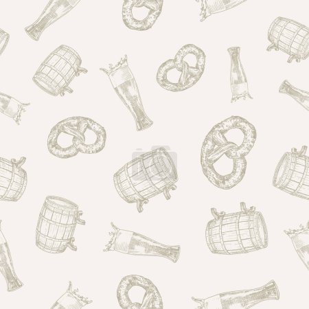 Photo for Beer Vector Seamless Background Pattern. Hand Drawn Pretzel, Barrel, and Glass Sketches. Octoberfest Celebration Greeting Card, Wrapping, Wallpaper or Cover Template - Royalty Free Image