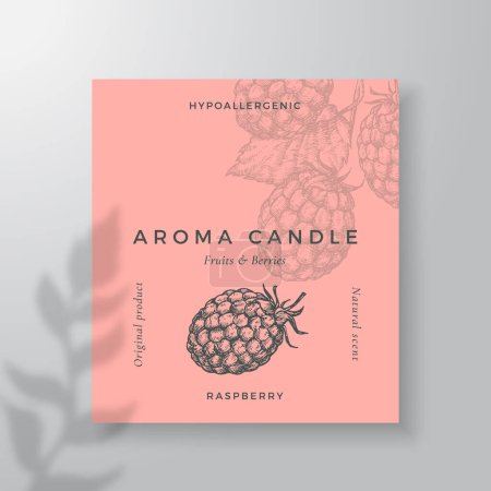 Illustration for Aroma candle vector label template. Raspberry berry scent from local purveyors advert design. Ink style sketch background layout decor. Natural smell product package text space - Royalty Free Image