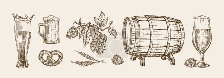Photo for Beer Vector Illustrations Set. Hand Drawn Brewery Sketch Items. Mug, Glass, Cask Barrel, Hops and Snacks Engraving Style Drawings. Isolated - Royalty Free Image