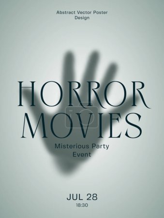 Illustration for Horror Movies Party Diffuse Palm Hand Silhouette Abstract Vector Poster Template. Blurry Hand Print on a Matte Glass with Modern Typography. Isolated - Royalty Free Image