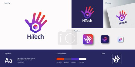 Photo for High Five Technology Abstract Vector Logo Template. Palm Hand with Cube Gradient Icon. Greeting Hi symbol concept. Identity Guide with Modern Typography, mockup and app icons background layout - Royalty Free Image