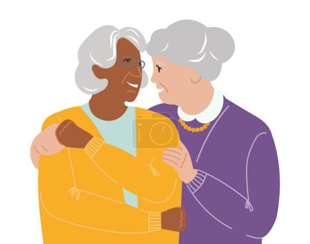 Photo for Old adult lesbian ladies couple vector illustration. Aged elder LGBT women in a calm and love giving hugs. Mature people portrait. Isolated - Royalty Free Image