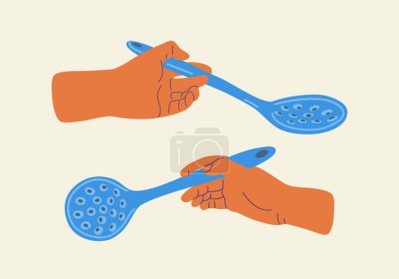 Photo for People hands with skimmer spoon close up vector illustration. Palms using perforated spoon flat style drawing. Isolated - Royalty Free Image