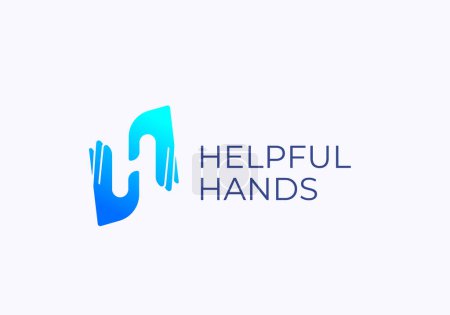 Téléchargez les illustrations : Modèle de logo vectoriel abstrait mains utiles. Palm Hands Forming Letter H. Negative Space Creative Concept. Isolé - en licence libre de droit