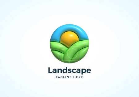 Ilustración de Plantilla de logotipo de paisaje de círculo vectorial 3D inflado. Campo verde vectorial abstracto con signo de sol y cielo azul. Aislado - Imagen libre de derechos