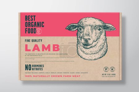 Photo for Organic Lamb Meat Vector Food Packaging Label Design on a Craft Cardboard Box Container. Modern Typography and Hand Drawn Sheep Head Background Layout - Royalty Free Image