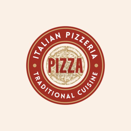 Téléchargez les illustrations : Modèle de logo de signe vectoriel abstrait de cuisine italienne. Pizza croquis dessinée à la main avec typographie rétro. Emblème traditionnel d'insigne de cadre de nourriture méditerranéenne. Isolé - en licence libre de droit