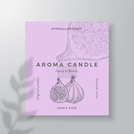 Illustration for Aroma candle vector label template. Figs scent from local purveyors advert design Ink style sketch background layout decor Natural smell product package text space - Royalty Free Image