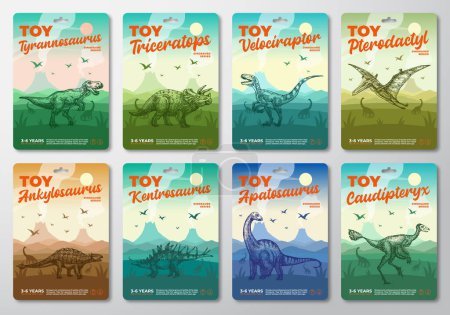 Illustration for Dinosaur Toy Product Labels Template Set Abstract Vector Packaging Design Layouts Collection. Modern Typography with Prehistoric Volcano Landscape and Hand Drawn Dinosaurus Sketch Background. Isolated - Royalty Free Image