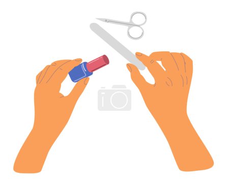 Photo for People hands doing nail care manicure close up vector illustration Palms file, nail paint and scissors flat style drawings collection. Isolated - Royalty Free Image