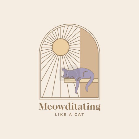 Photo for Meditating sleeping cat abstract vector logo template. Laying cat silhouette on the wall through arch window with sun in the sky background. Isolated - Royalty Free Image