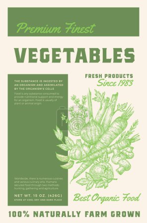 Téléchargez les illustrations : Premium Vegetables Vector Packaging Design d'étiquettes de produits avec typographie rétro et herbes et légumes dessinés à la main. Croquis Silhouettes Mise en page de fond - en licence libre de droit