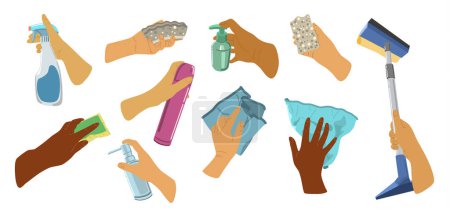 Illustration for People hands doing house cleaning routine close up vector illustrations set. Palms with mop, polish spray, sponge and cleaning cloth soap agent flat style drawings collection. Isolated - Royalty Free Image
