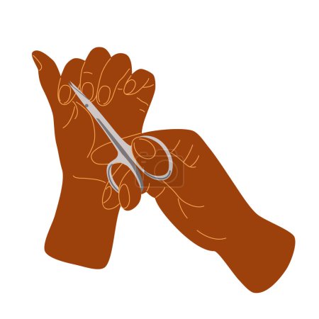 Téléchargez les illustrations : Les gens mains faisant manucure soins des ongles fermer illustration vectorielle Ciseaux de palmiers coupe cuticule dessin de style plat. Isolé - en licence libre de droit
