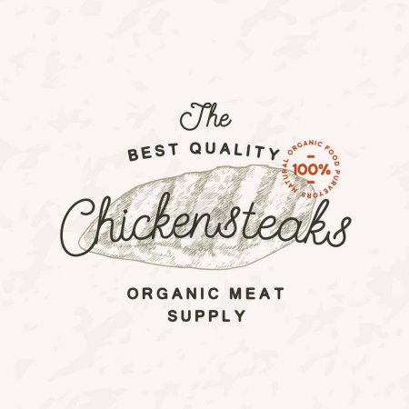 Ilustración de Steak Vintage Vector Label Logo Template. Grabado Estilo Carne Ilustración con tipografía. Dibujado a mano Retro Chicken Breast Steak Dibujo Emblema. Aislado - Imagen libre de derechos