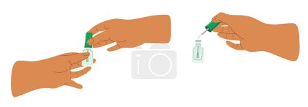 Illustration for People hands doing manicure close up vector illustrations set. Palms applying nail paint flat style drawings collection. Isolated - Royalty Free Image