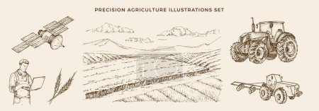 Illustration for Precision Agriculture Vector Illustrations Set. Hand Drawn Farmer with Laptop Operating Tractor with Satellite and Field Landscape Drawings Collection. Modern Automated Crop Production Doodle Isolated - Royalty Free Image