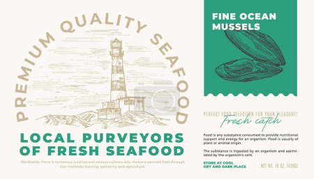 Illustration for Fine Ocean Seafood Product. Abstract Vector Packaging Label Design. Modern Typography and Hand Drawn Mussel Shell Sketch Silhouette with Sea Lighthouse Background Layout - Royalty Free Image
