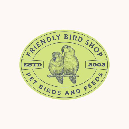 Ilustración de Bird Pet Shop Plantilla de logotipo de signo vectorial abstracto. Silueta Amazónica Dibujada a Mano con Fronteras y Tipografía. Premium Quality Exotic Bird Emblem (en inglés). Aislado - Imagen libre de derechos