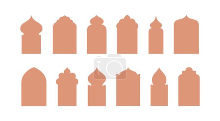 Téléchargez les illustrations : Cadre de fenêtre islamique collection d'illustrations. Architecture arabe géométrique arc porte forme silhouettes ensemble. Ramadan kareem portes de la mosquée icônes. Isolé - en licence libre de droit