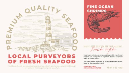 Illustration for Fine Ocean Seafood Product. Abstract Vector Packaging Label Design. Modern Typography and Hand Drawn Mussel Shrimp Sketch Silhouette with Sea Lighthouse Background Layout - Royalty Free Image