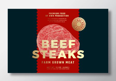 Photo for Farm Grown Beef Steak Abstract Vector Packaging Label Design Template. Modern Typography Banner, Hand Drawn Ham Meat Sketch Silhouette. Color Paper Background Layout with Gold Foil. Isolated - Royalty Free Image