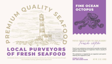 Illustration for Fine Ocean Seafood Product. Abstract Vector Packaging Label Design. Modern Typography and Hand Drawn Octopus Sketch Silhouette with Sea Lighthouse Background Layout - Royalty Free Image