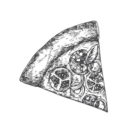Téléchargez les illustrations : Pièce de pizza avec saucisse et tomate. Croquis dessiné à la main Pepperoni Salami Food Vector Illustration. Cuisine italienne naturelle Caniche. Isolé - en licence libre de droit