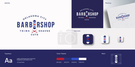 Illustration for Retro Barbershop Abstract Vector Emblem Logo Template. Vintage Typography and Barbers Pole as Letter E. Concept Identity Guide with Modern Typography Realistic Mock Up. Isolated - Royalty Free Image