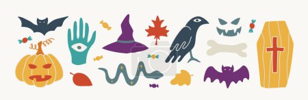 Illustration for Halloween contemporary trendy vector illustrations set. Hand drawn modern colorful elements collection. Bats, pumpkin, snake, coffin, raven and candies. Autumn holiday bundle with isolated items - Royalty Free Image