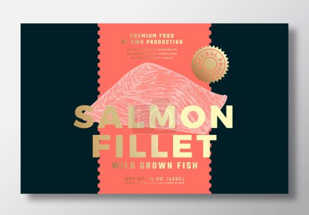 Illustration for Wild Water Salmon Abstract Vector Packaging Label Design Template. Modern Typography Banner, Hand Drawn Fish Fillet Sketch Silhouette. Color Paper Background Layout with Gold Foil. Isolated - Royalty Free Image