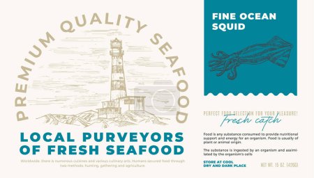 Illustration for Fine Ocean Seafood Product. Abstract Vector Packaging Label Design. Modern Typography and Hand Drawn Squid Sketch Silhouette with Sea Lighthouse Background Layout - Royalty Free Image