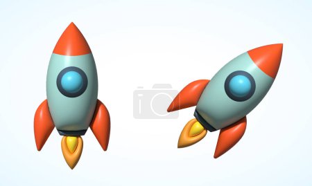 Téléchargez les illustrations : Illustrations de lancement de fusée futuriste rétro vectorielle 3D gonflée. Ensemble de modèles abstraits d'engins spatiaux. Isolé - en licence libre de droit