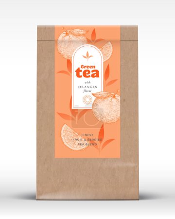 Illustration for Craft Paper Bag with Fruit and Berries Tea Label. Realistic Vector Pouch Packaging Design Layout. Modern Typography, Hand Drawn Oranges and Leaves Silhouettes Background Mockup. Isolated - Royalty Free Image