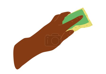 Illustration for People hands doing house cleaning routine close up vector illustration. Left handed palm with cleaning sponge flat style drawing. Isolated - Royalty Free Image