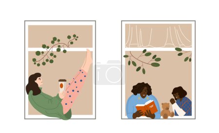 Téléchargez les illustrations : Fenêtres de quartier illustration vectorielle de style plat. Jeunes femmes près des fenêtres buvant du thé et lisant un livre avec un enfant. Assis sur le rebord de la fenêtre. Isolé - en licence libre de droit