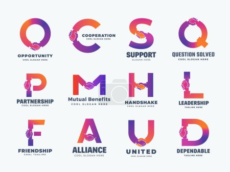 Handshake Letters Abstract Vector Logo Templates Set. A Collection of Hand Shake Icon Incorporated in Letters Cooperation and Friendship Concepts. Isolated