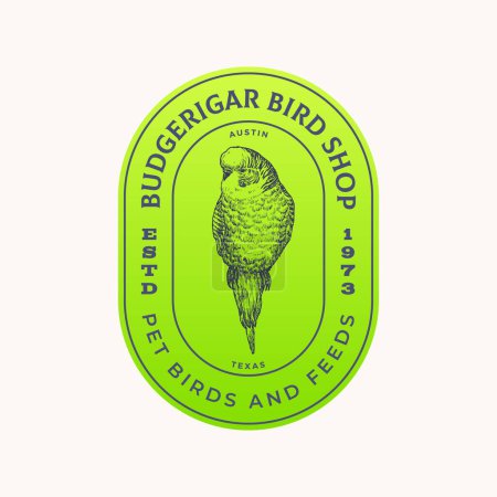 Illustration for Bird Pet Shop Abstract Vector Sign Logo Template. Hand Drawn Budgerigar Parrot Silhouette with Borders and Typography. Premium Quality Exotic Bird Emblem. Isolated - Royalty Free Image