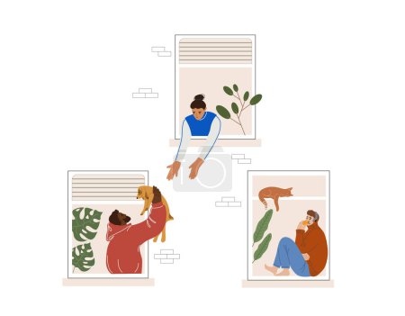 Illustration for Neighborhood windows flat style vector illustration. Young woman and men near windows with cat passing pet dog. Sitting on the windowsill. Isolated - Royalty Free Image