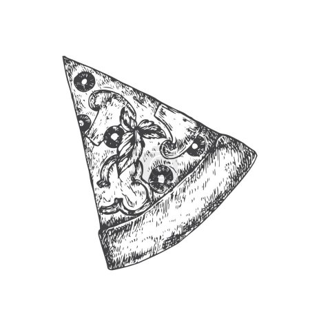 Téléchargez les illustrations : Pièce de pizza aux champignons et au poivre. Croquis dessiné à la main Pepperoni Salami Food Vector Illustration. Cuisine italienne naturelle Caniche. Isolé - en licence libre de droit